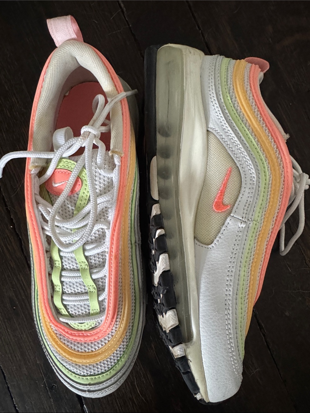 Nike Women's Air Max 97 in Light Gray with Pastel Green & Pink Accents